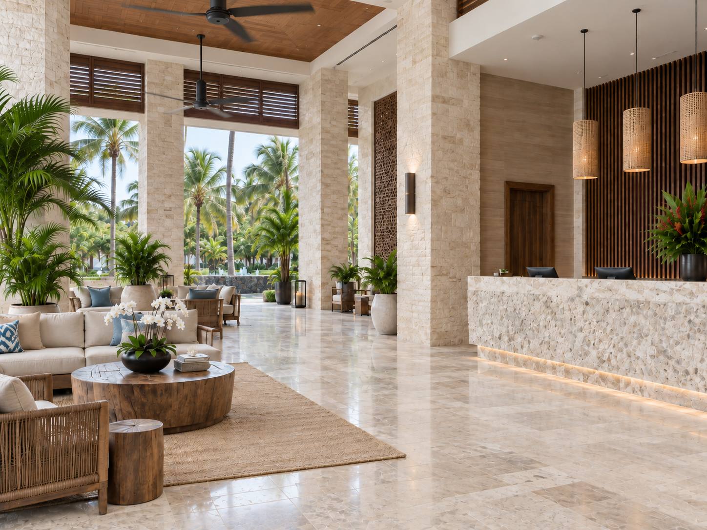 Lobby de un resort sin huéspedes, con el mostrador de recepción, salas de estar y las áreas comunes abiertas hacia el jardín