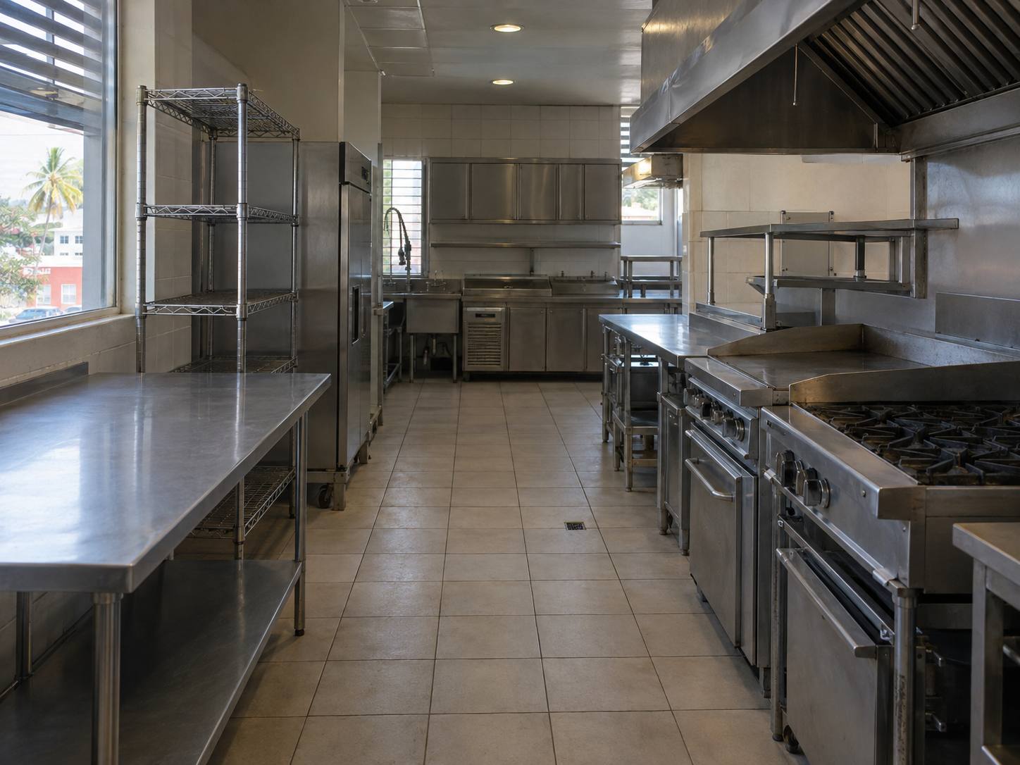 Cocina comercial de acero inoxidable limpia y despejada, con la línea de cocción, las campanas de extracción y el drenaje del piso a la vista