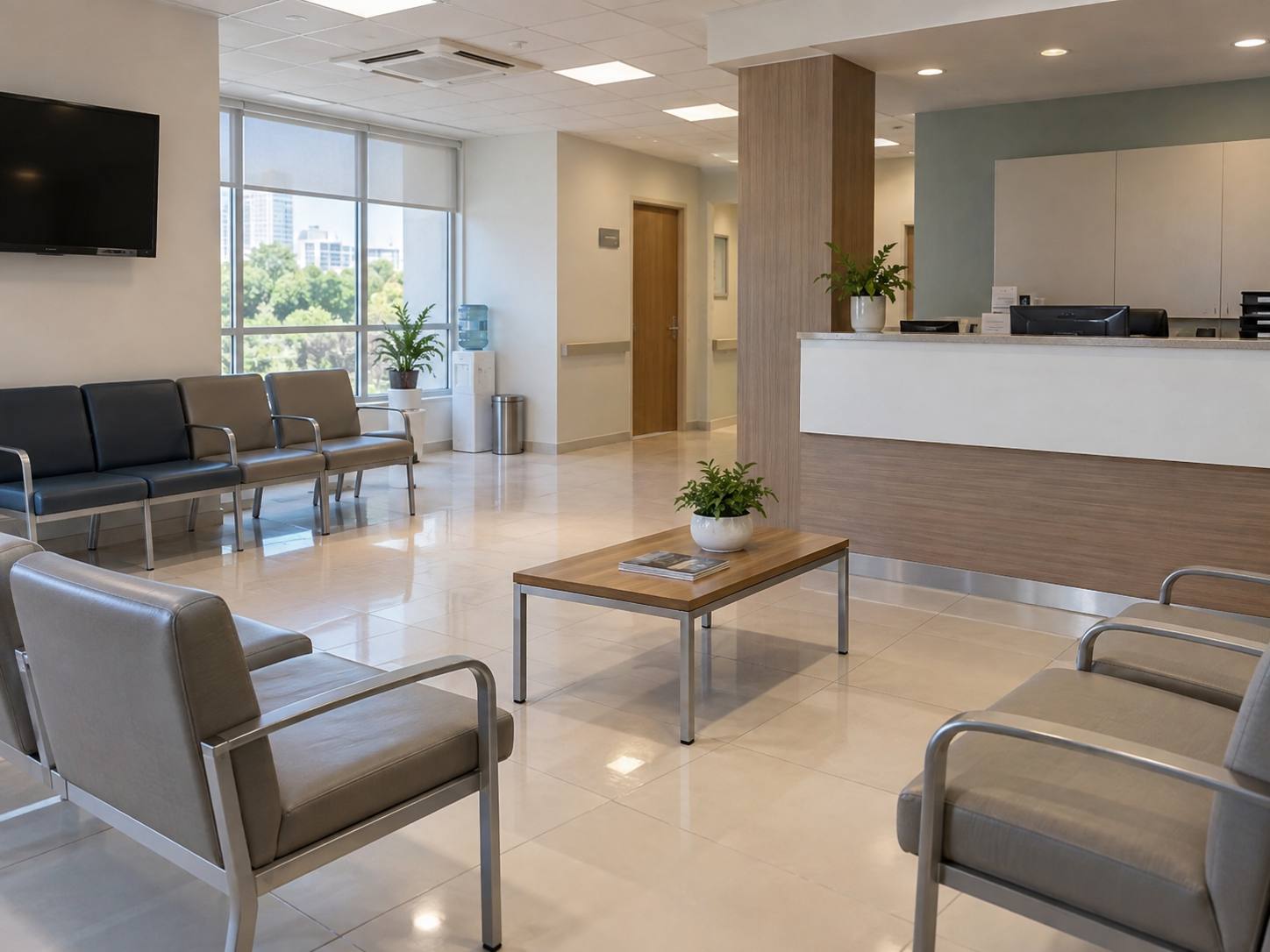 Sala de espera limpia y ordenada de un centro de salud, con el mostrador de recepción y sin pacientes en el área
